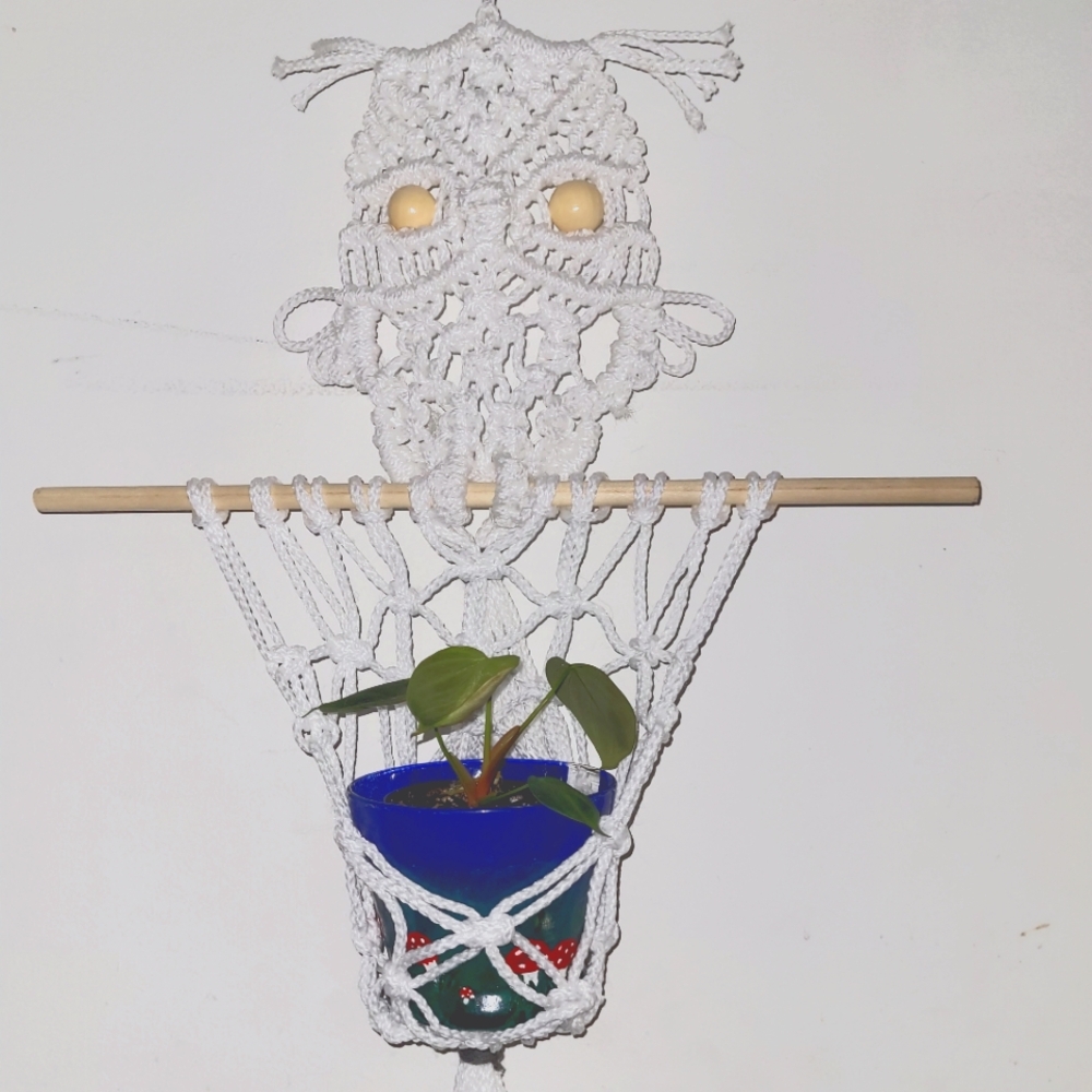 Handmade owl shaped macrame plant hanger